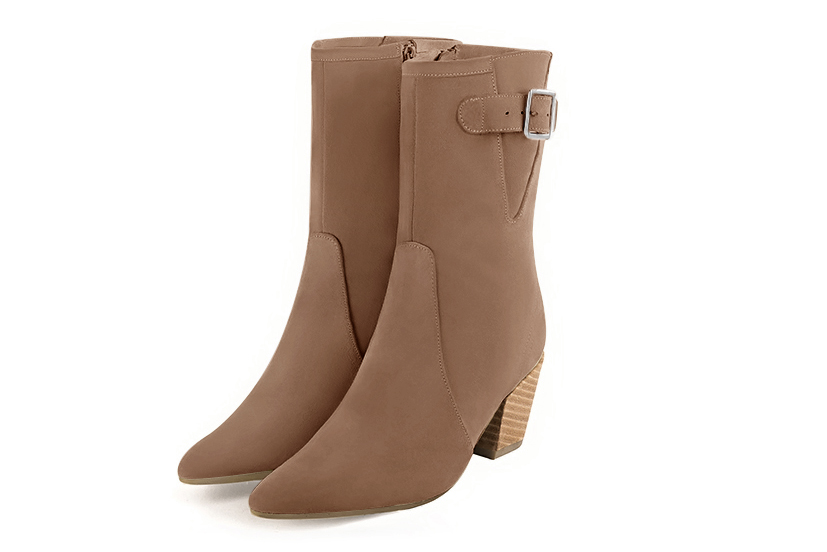 Biscuit beige women's ankle boots with a zip on the inside. Tapered toe. Medium cone heels. Front view - Florence KOOIJMAN